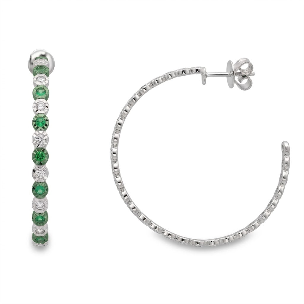 Hoop Earrings with .51 Carats Round Tsavorite and .50 Carats Diamonds in Alternating Pattern all in 14kt White Gold