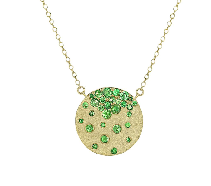 Dilamani Circle tsavorite confetti pendant in brushed yellow gold 14kt