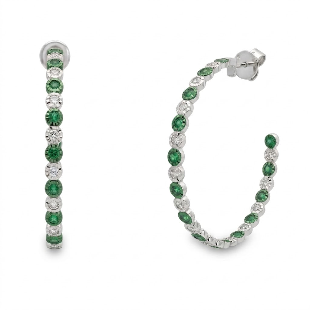 Hoop Earrings with .51 Carats Round Tsavorite and .50 Carats Diamonds in Alternating Pattern all in 14kt White Gold