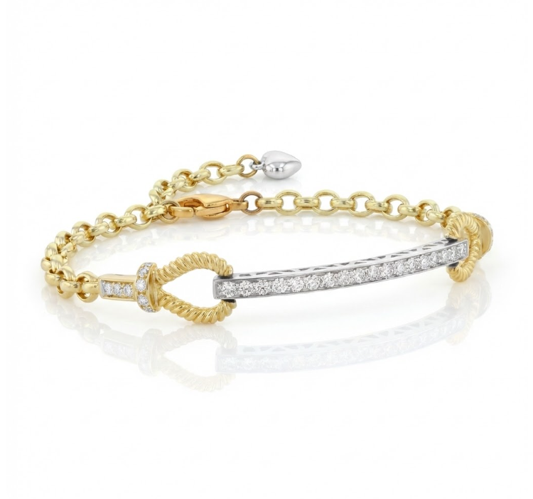1.00 ctw Round Diamond Bar Bracelet | 14K Two-Tone Gold | 36 Round Diamonds | 8" Adjustable Chain - Brownee Jewelers