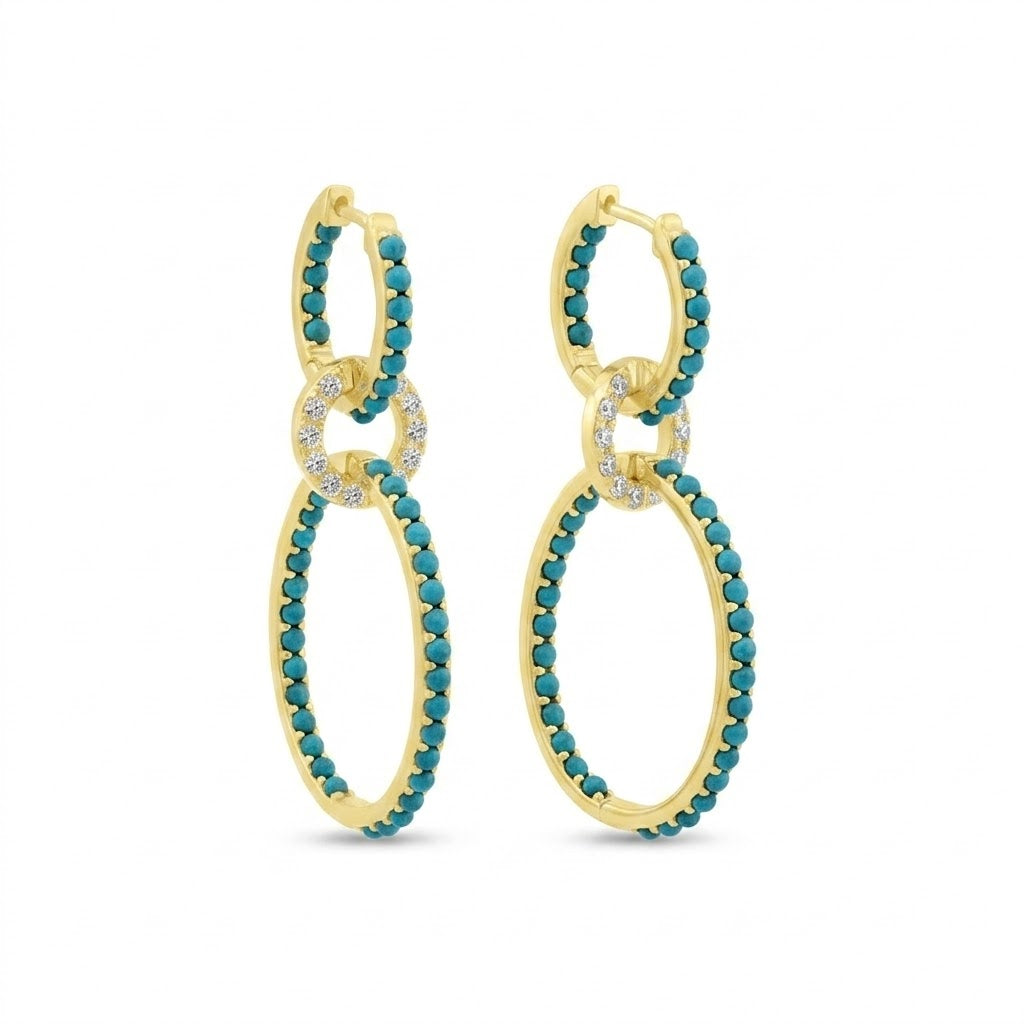 Turquoise & Diamond Oval Link Dangle Earrings | 14K Yellow Gold | Earrings | 3.17 CT Turquoise | 0.78 CT Diamonds | Pavé In & Out Oval Links - Brownee Jewelers