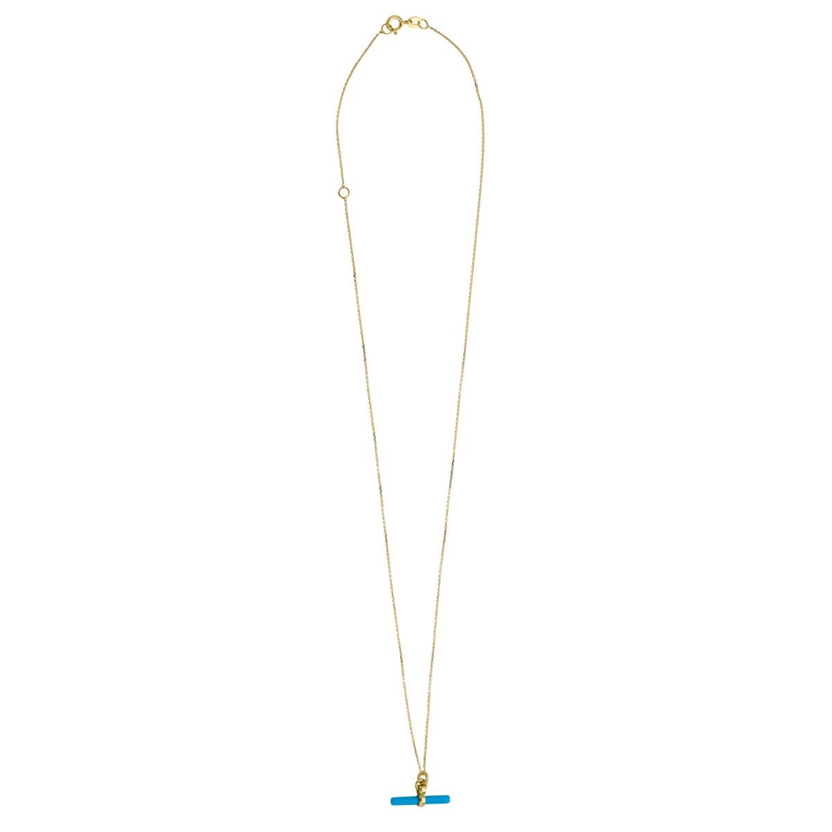18 Inch Turquoise T-Bar Necklace in 14K Yellow Gold