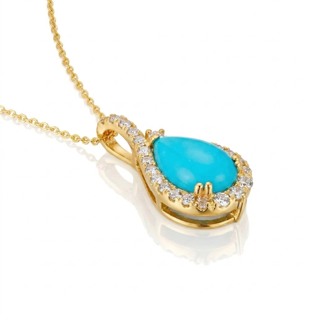 Pear Turquoise & Diamond Halo Pendant | 14K Yellow Gold | Teardrop Necklace | TSXX 18 - Brownee Jewelers