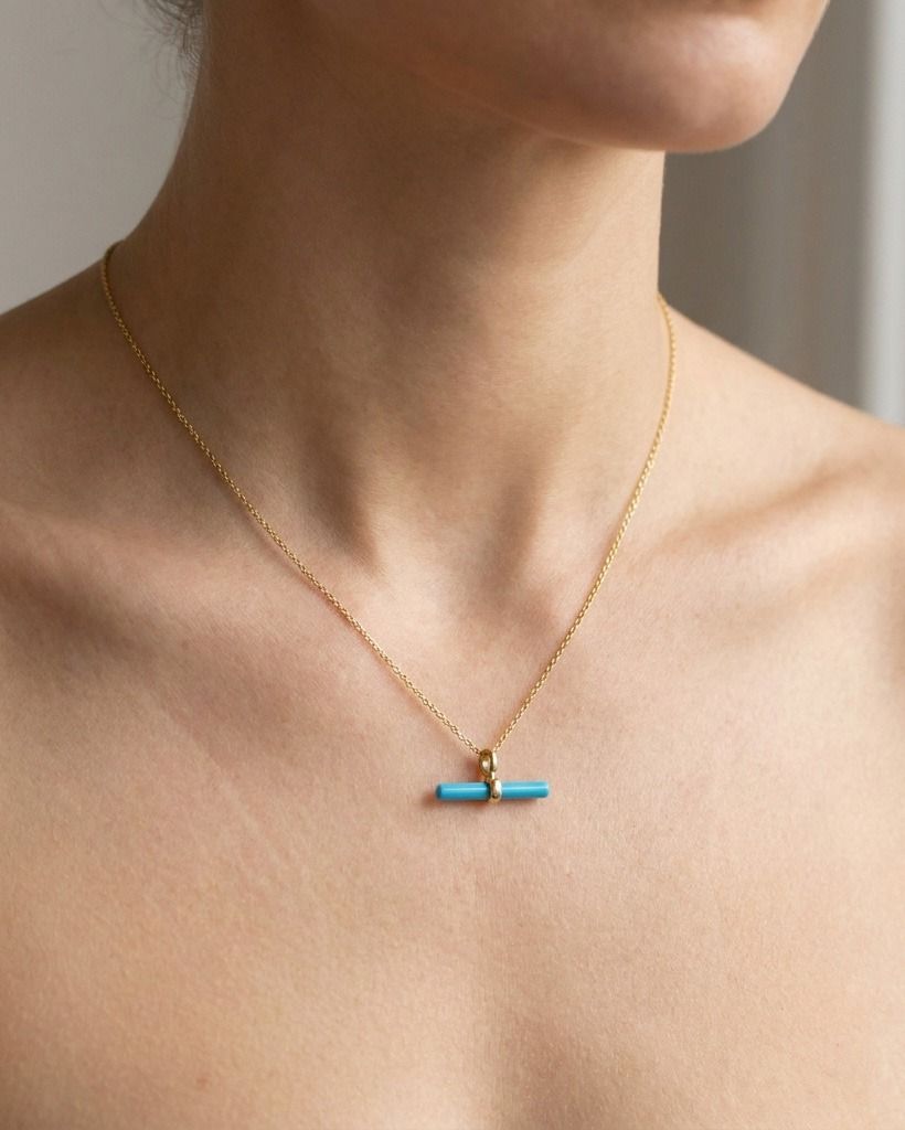18 Inch Turquoise T-Bar Necklace in 14K Yellow Gold