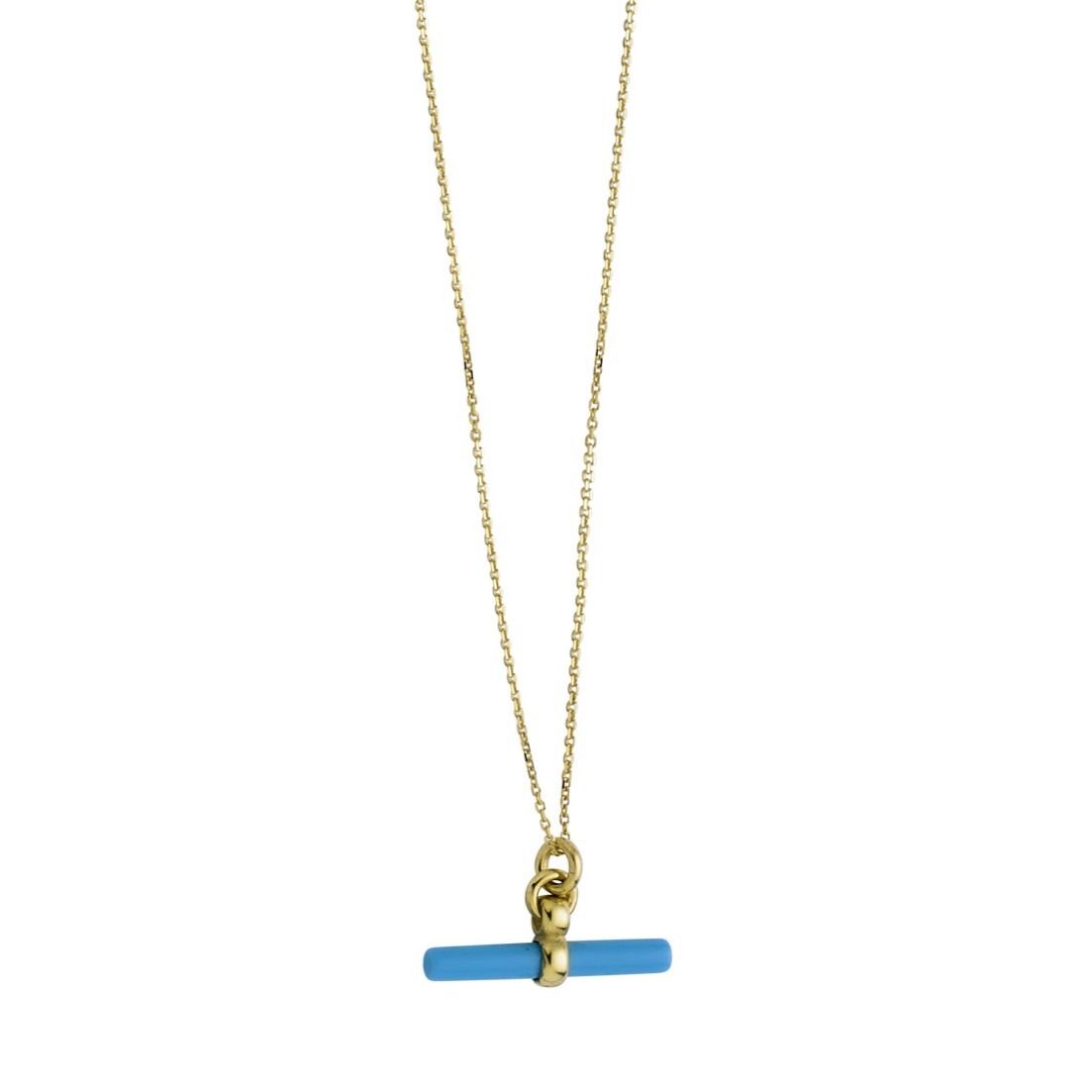 18 Inch Turquoise T-Bar Necklace in 14K Yellow Gold