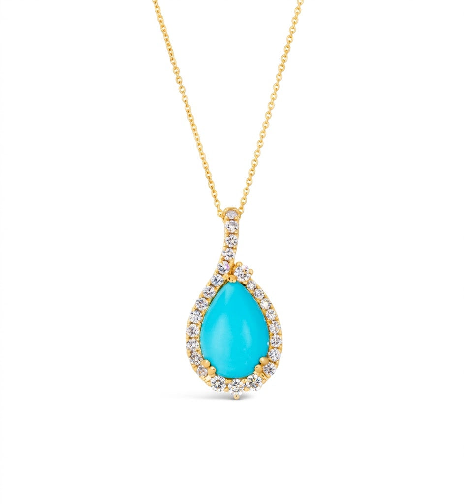 Pear Turquoise & Diamond Halo Pendant | 14K Yellow Gold | Teardrop Necklace | TSXX 18 - Brownee Jewelers
