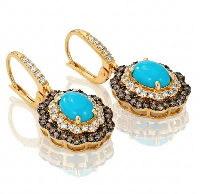 Oval Turquoise & Diamond Drop Earrings | 14K Yellow Gold | 1.20 ctw | Chocolate & Vanilla Diamonds® - Brownee Jewelers