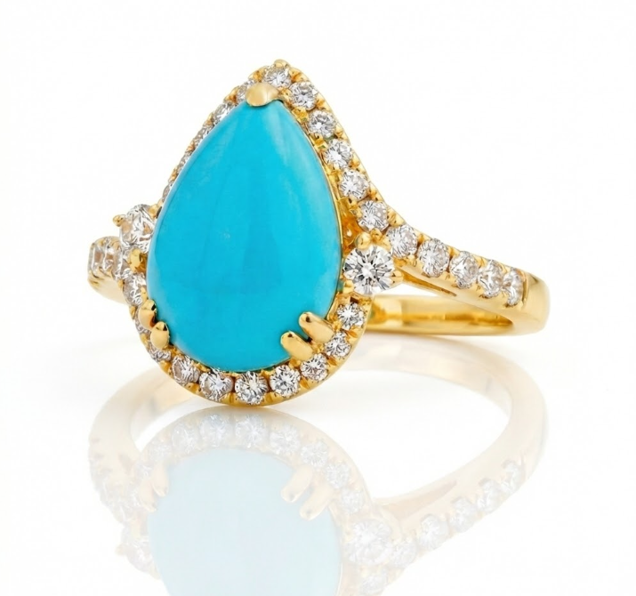 Pear-Shaped Turquoise & Diamond Halo Ring | 14K Yellow Gold | 3.82 ctw | Signature Halo - Brownee Jewelers