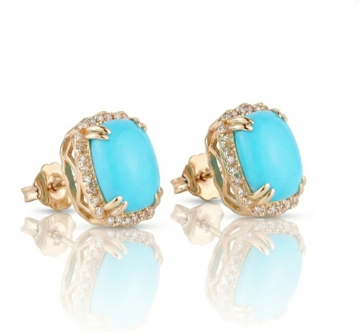 Turquoise & Diamond Halo Stud Earrings | 14K Yellow Gold | 4.70 ct Turquoise | 0.32 ctw Diamond - Brownee Jewelers