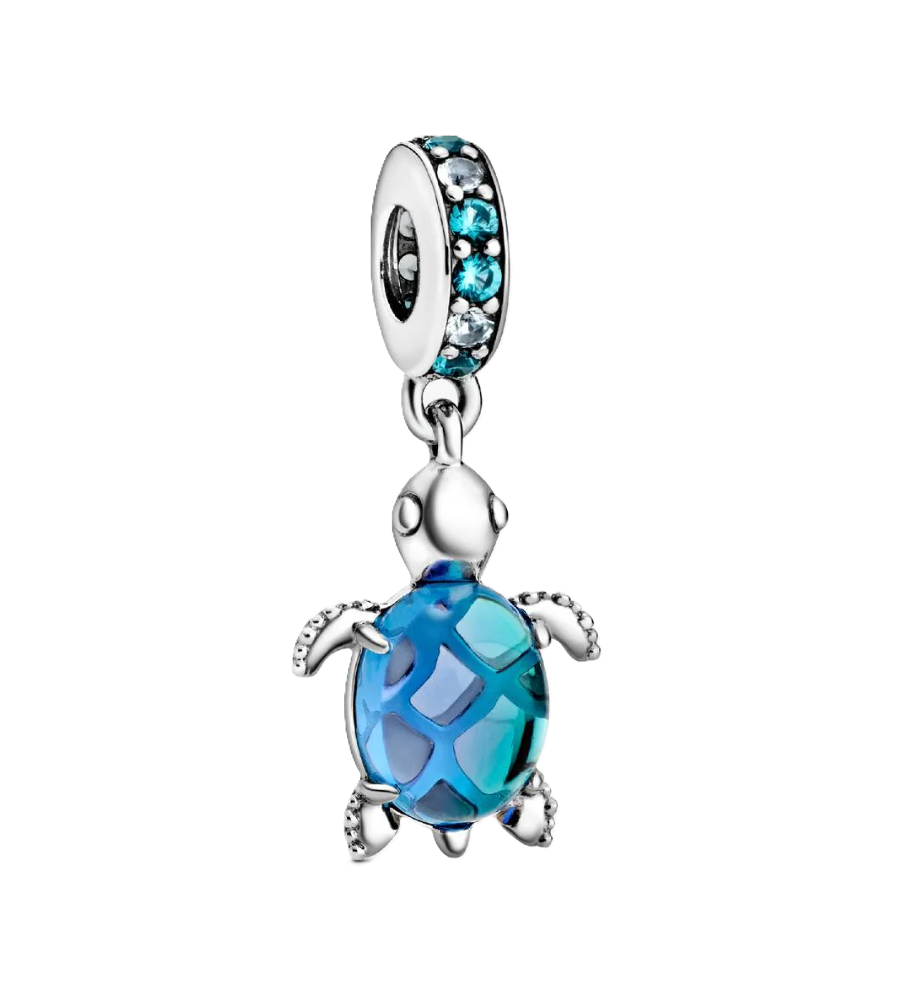 Pandora Blue Murano Glass Sea Turtle Dangle Charm in Sterling Silver