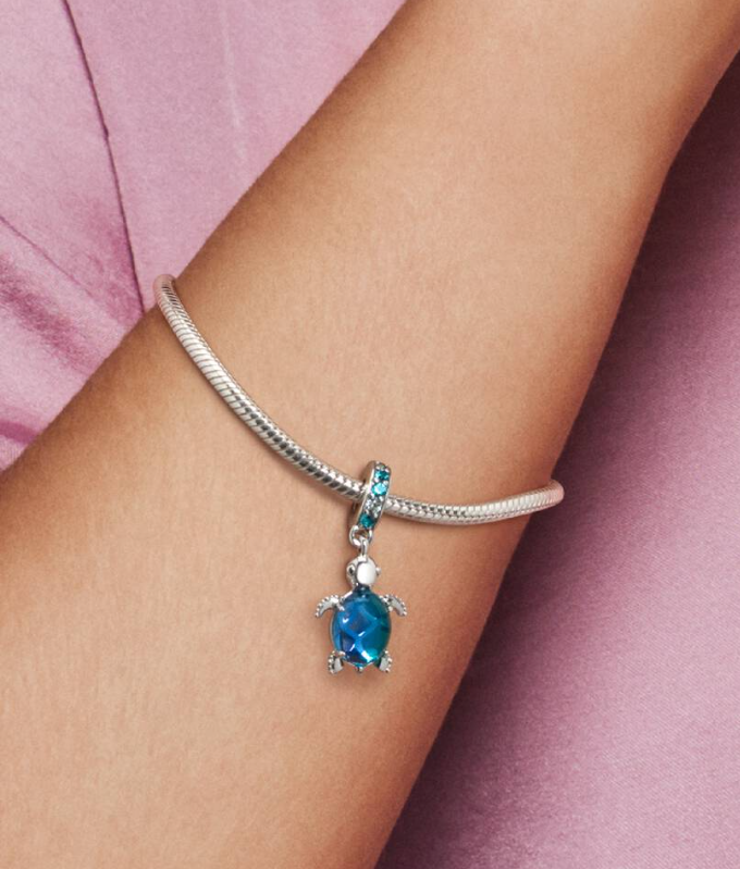 Pandora Blue Murano Glass Sea Turtle Dangle Charm in Sterling Silver