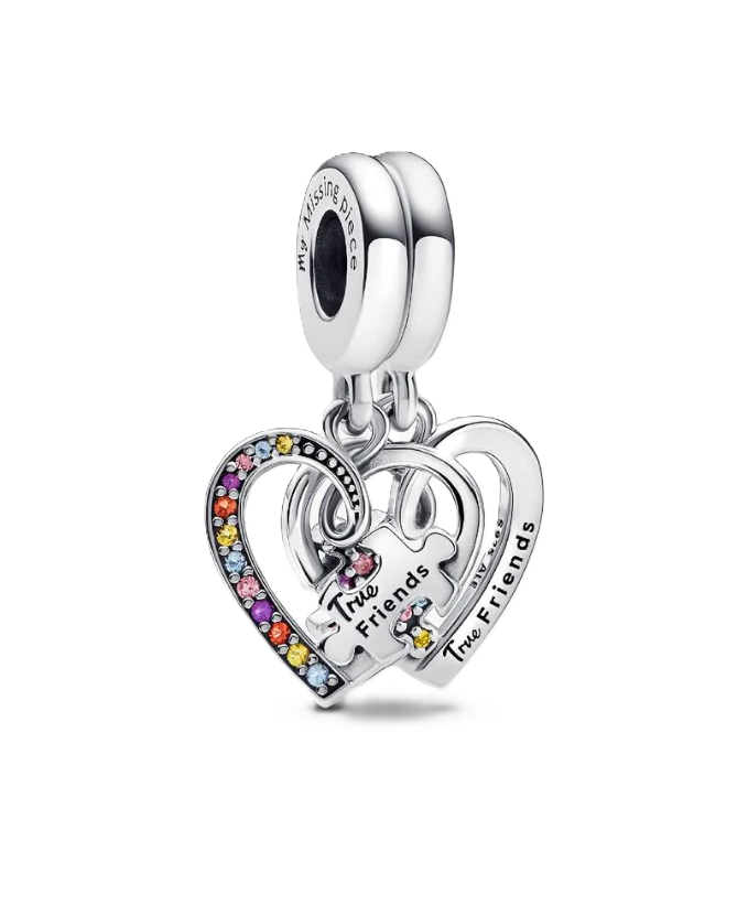 Pandora Splittable Puzzle Piece Heart Dangle Charm in Sterling Silver with Mulitcolor Cubic Zirconia and "True Friends" Engraving 