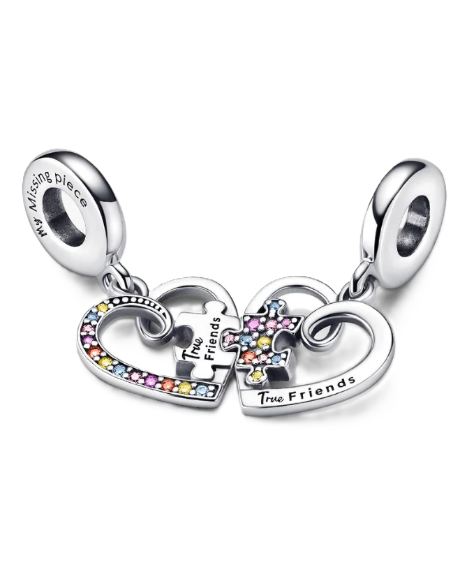 Pandora Splittable Puzzle Piece Heart Dangle Charm in Sterling Silver with Mulitcolor Cubic Zirconia and "True Friends" Engraving 