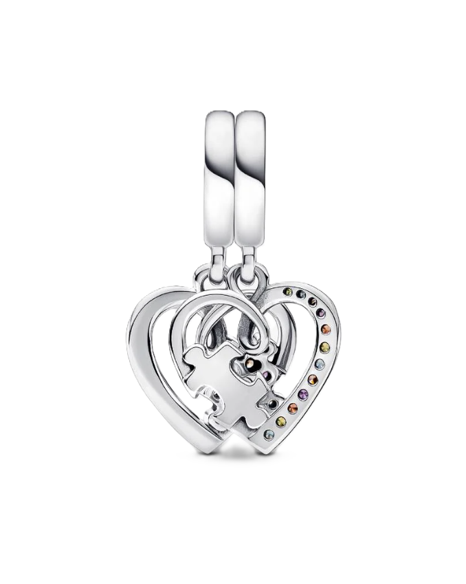 Pandora Splittable Puzzle Piece Heart Dangle Charm in Sterling Silver with Mulitcolor Cubic Zirconia and "True Friends" Engraving 