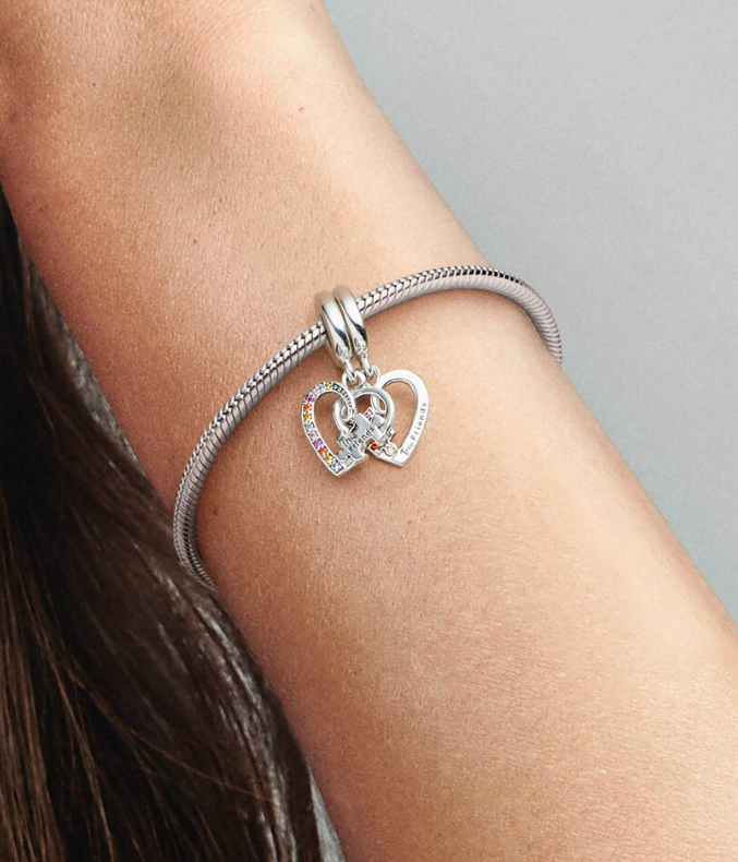 Pandora Splittable Puzzle Piece Heart Dangle Charm in Sterling Silver with Mulitcolor Cubic Zirconia and "True Friends" Engraving 