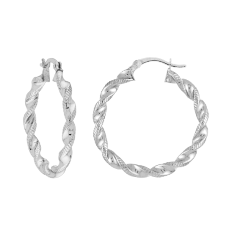 Twisted Polished and Textured Hoop Earrings in Rhodium Plated Sterling Silver