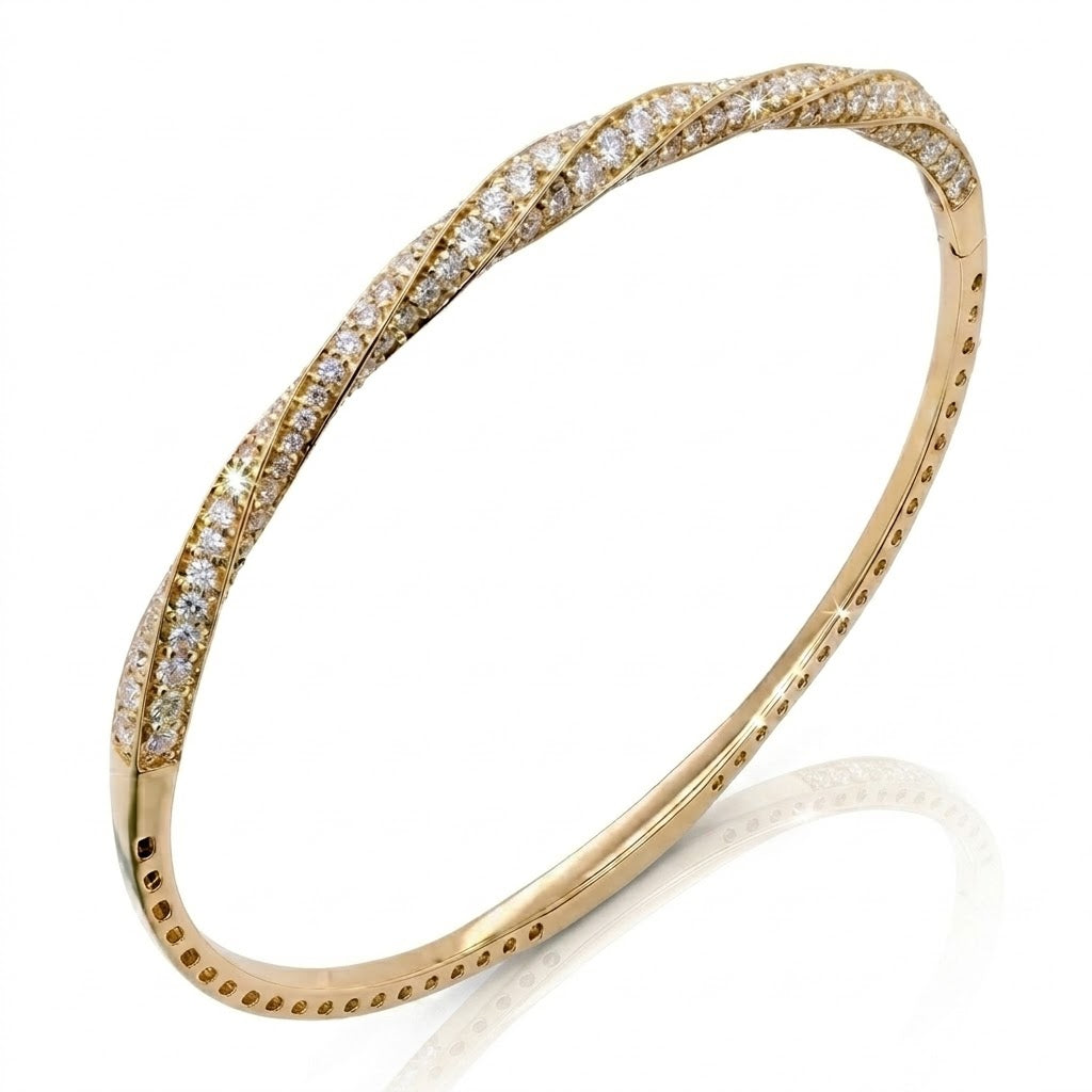 Pavé Diamond Twist Flexible Bangle Bracelet | 14K Yellow Gold | 2.40 CTW Diamonds | Twisted Crossover Design | BDD7274-301 - Brownee Jewelers