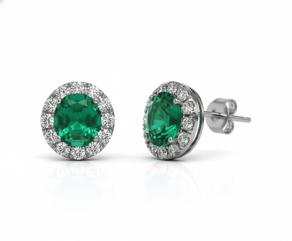14K White Gold .70ct Emerald & .15ct Diamond Halo Stud Earrings