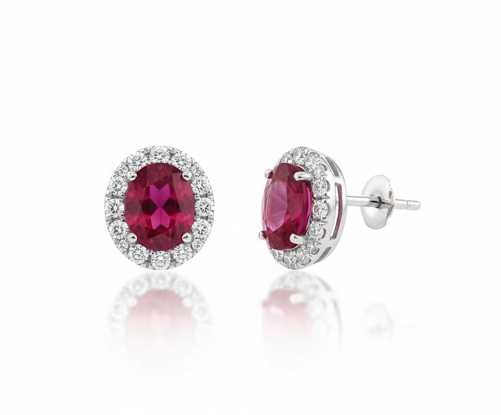 14K White Gold .83ct Ruby & .15ct Diamond Halo Stud Earrings