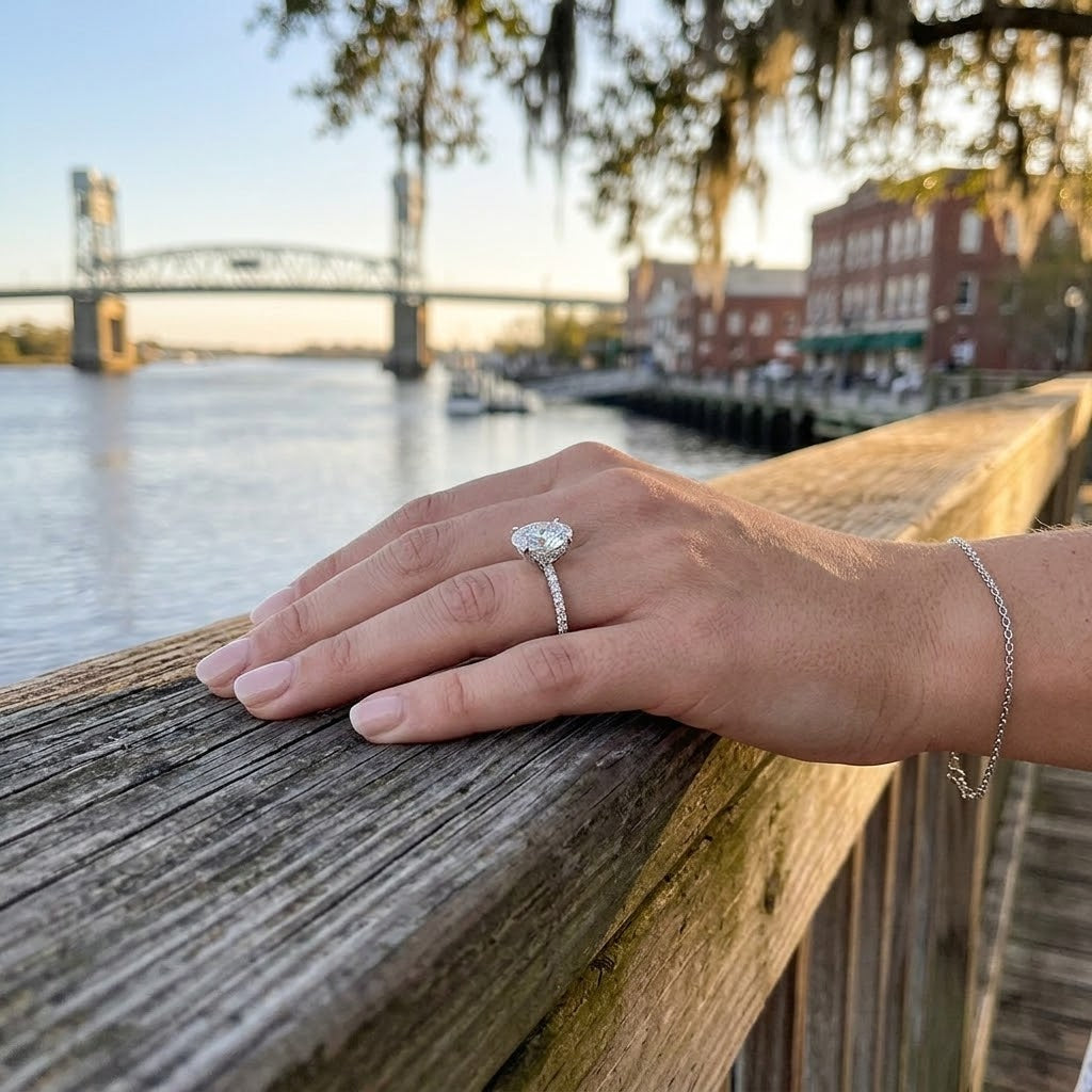 Lab-Grown Diamond Engagement Ring | 14K White Gold | 1.80 ctw Round Diamonds | VS2–SI1 G/H | Pavé Band - Brownee Jewelers