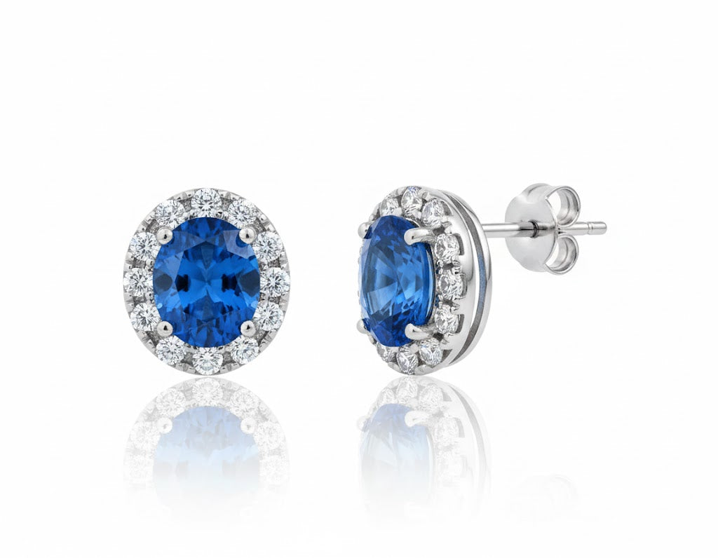 14K White Gold .83ct Sapphire & .15ct Diamond Halo Stud Earrings