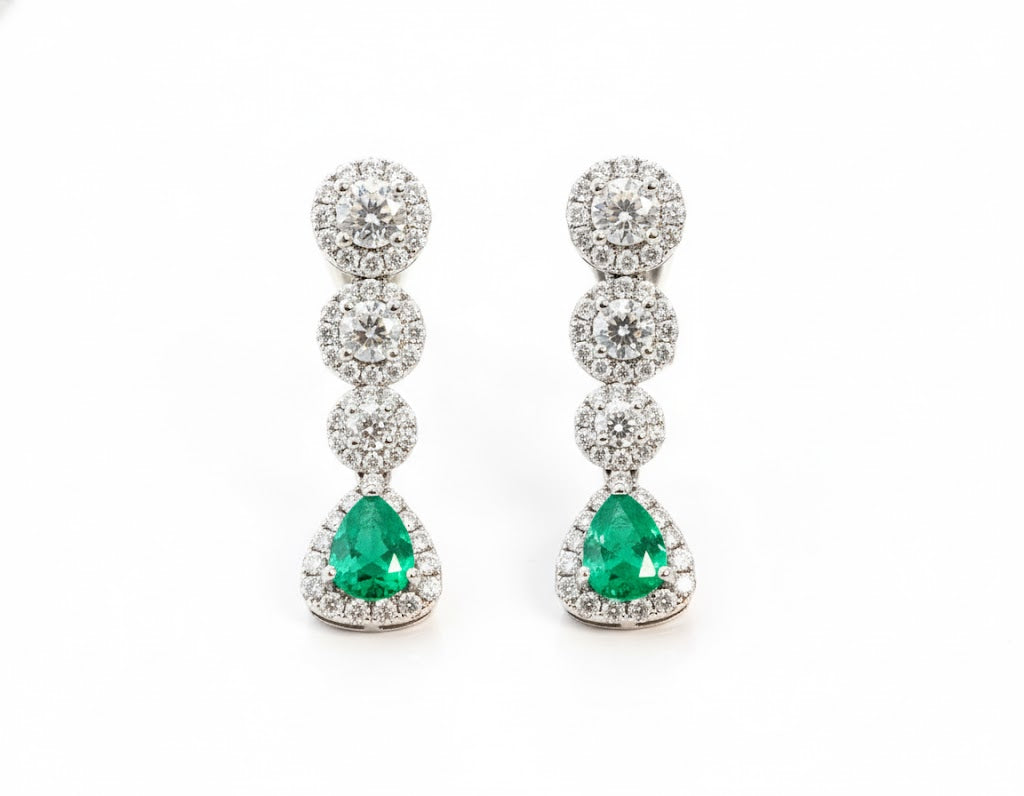 18K White Gold 1.29ct Pear-Shaped Emerald & 2.01ct Diamond Dangle Earrings