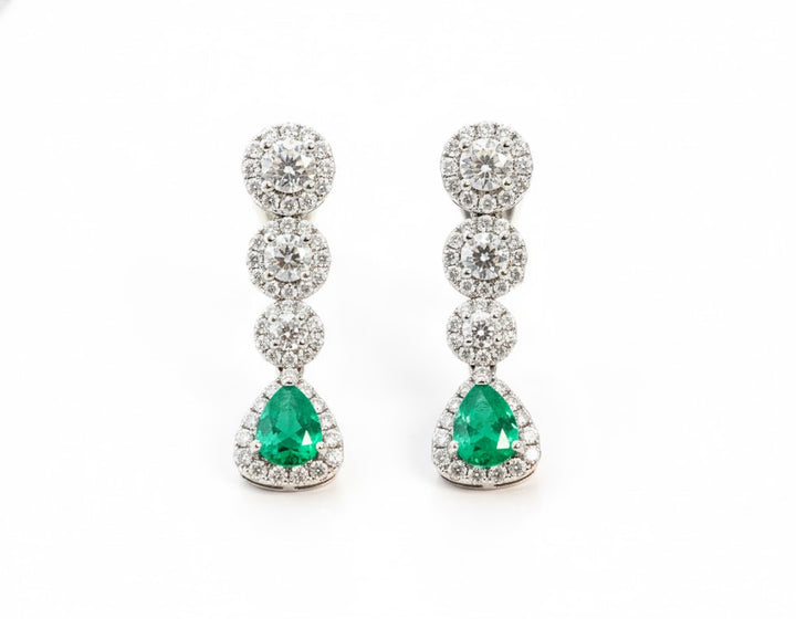 18K White Gold 1.29ct Pear-Shaped Emerald & 2.01ct Diamond Dangle Earrings