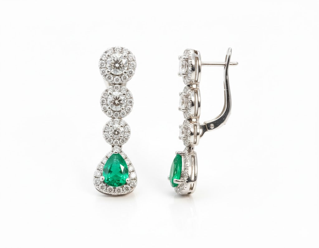 18K White Gold 1.29ct Pear-Shaped Emerald & 2.01ct Diamond Dangle Earrings