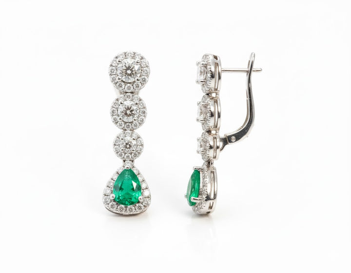 18K White Gold 1.29ct Pear-Shaped Emerald & 2.01ct Diamond Dangle Earrings