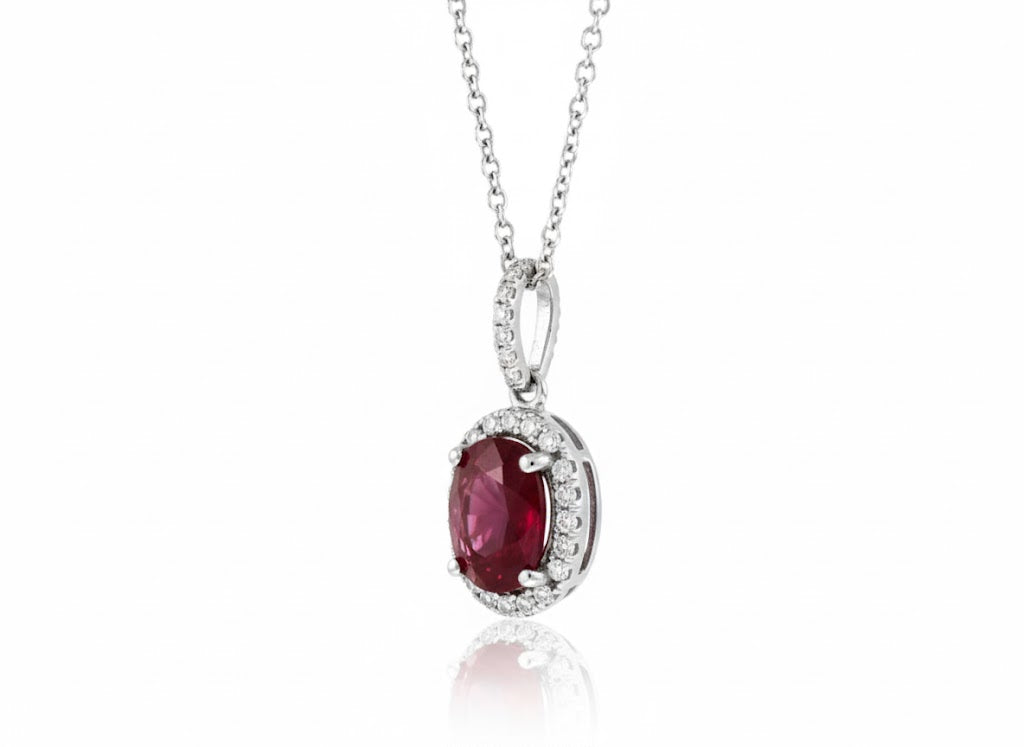 14K White Gold Ruby & Diamond Halo Pendant (.35ct Ruby / .15ct Diamond)