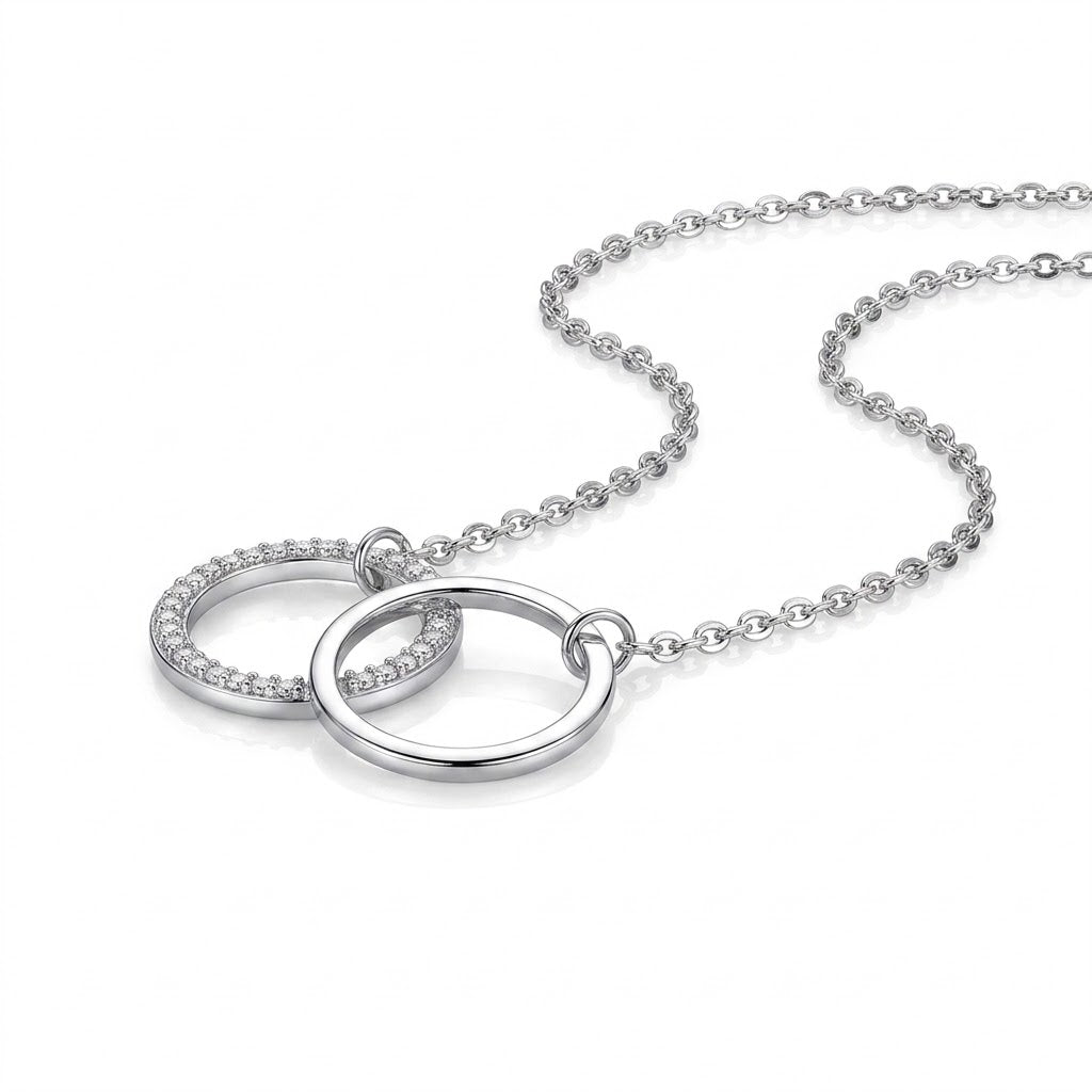 15 Inch Adjustable Sterling Silver Pavé DiamondLite Cubic Zirconia Interlocking Circle Necklace