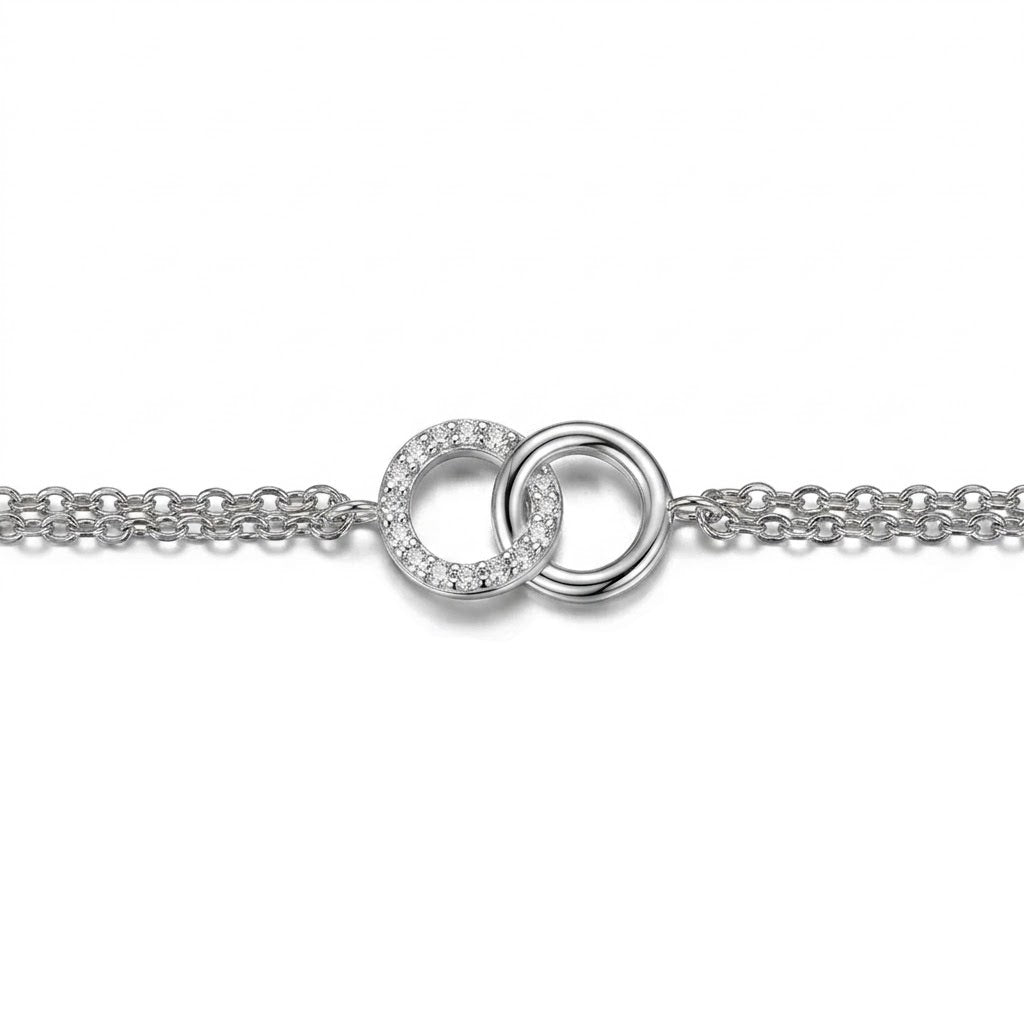 7.25 Inch Sterling Silver DiaLite Cubic Zirconia Interlocking Circle Double Chain Bracelet