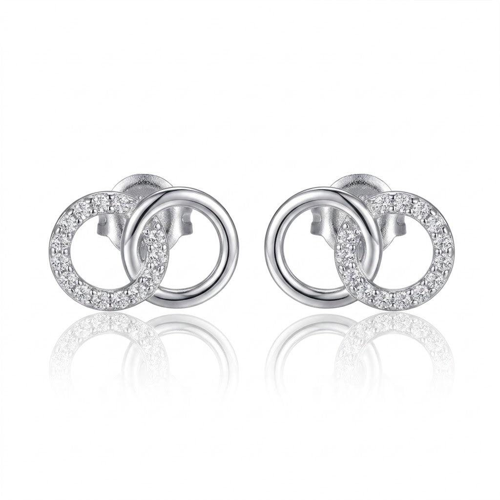 Sterling Silver DiaLite Cubic Zirconia Interlocking Circle Stud Earrings