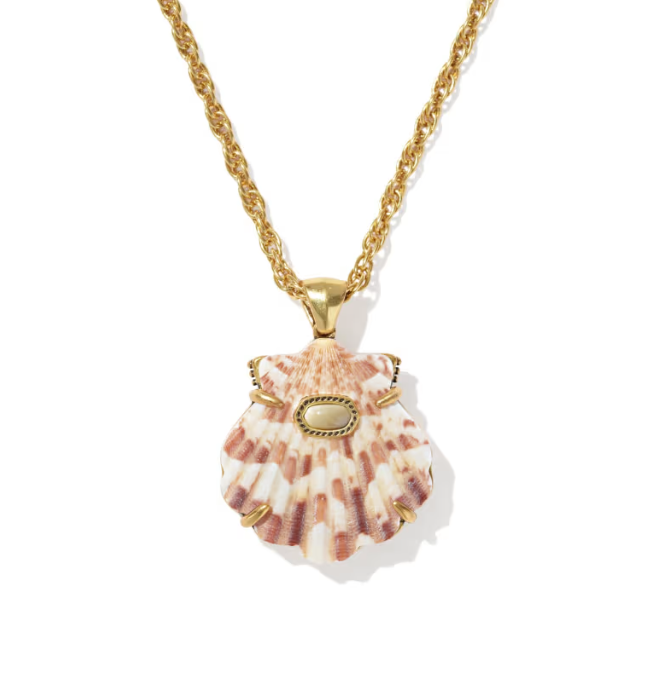 Lucia Shell Vintage Gold Short Pendant Necklace | Vintage Gold Finish | Natural Neutral Scallop Shell | Coastal Statement Pendant - Brownee Jewelers