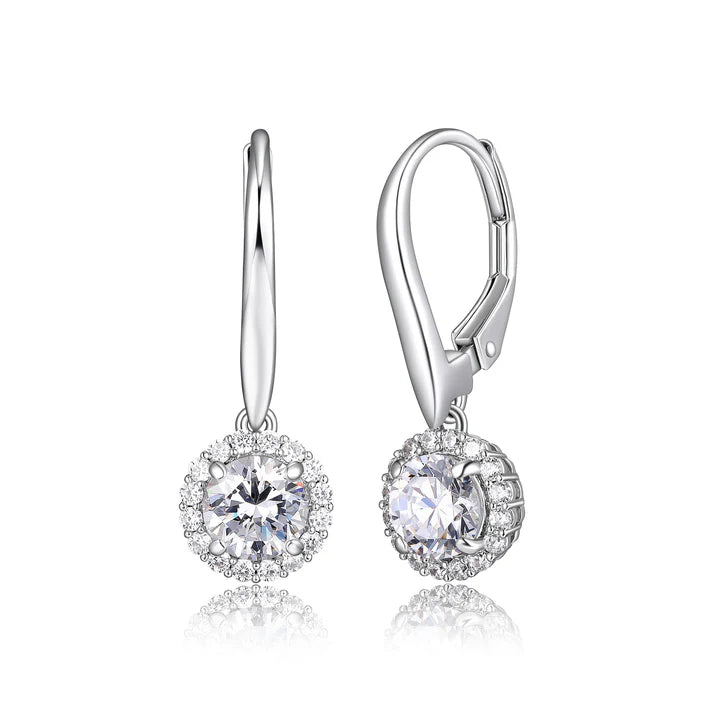 Sterling Silver 5.5MM Round DiamondLite Cubic Zirconia Halo Drop Earrings