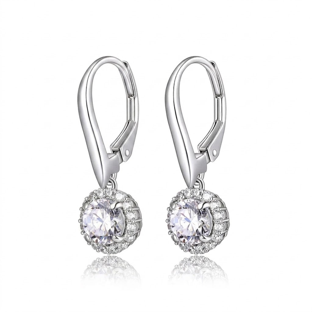 Sterling Silver 5.5MM Round DiamondLite Cubic Zirconia Halo Drop Earrings
