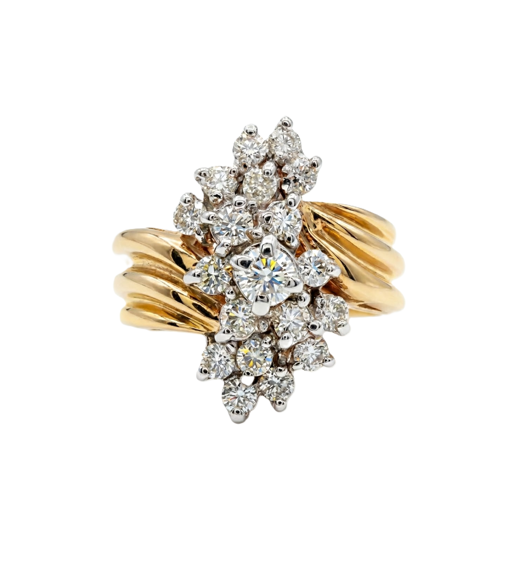 Round Brilliant Diamond Waterfall Cluster Ring | 14K Yellow Gold | Diamond Statement Ring | Vintage-Inspired Design - Brownee Jewelers