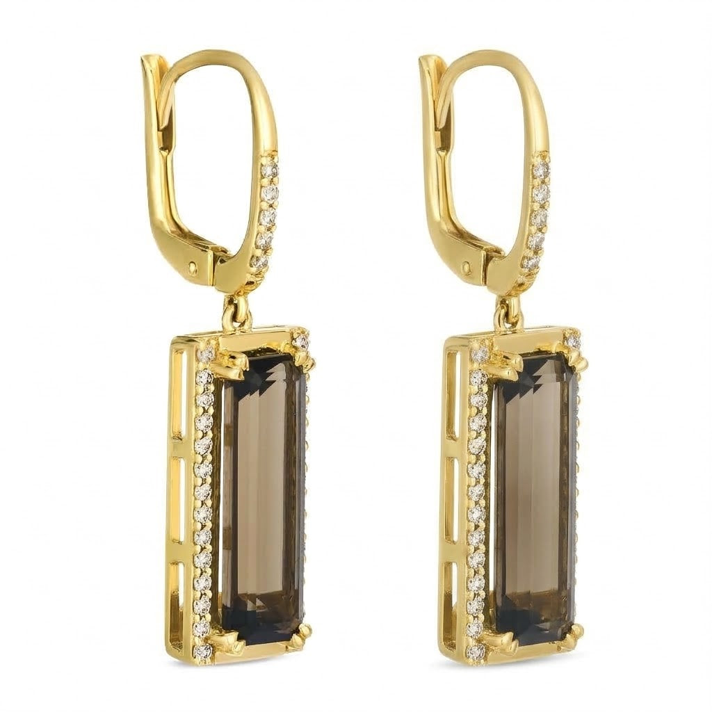 4.6 TOTAL CARAT WEIGHT EMERALD CUT CHOCOLATE QUARTZ AND .38 TOTAL CARAT WEIGHT ROUND DIAMOND SIDES DROP EARRINGS IN 14K YELLOW GOLD
