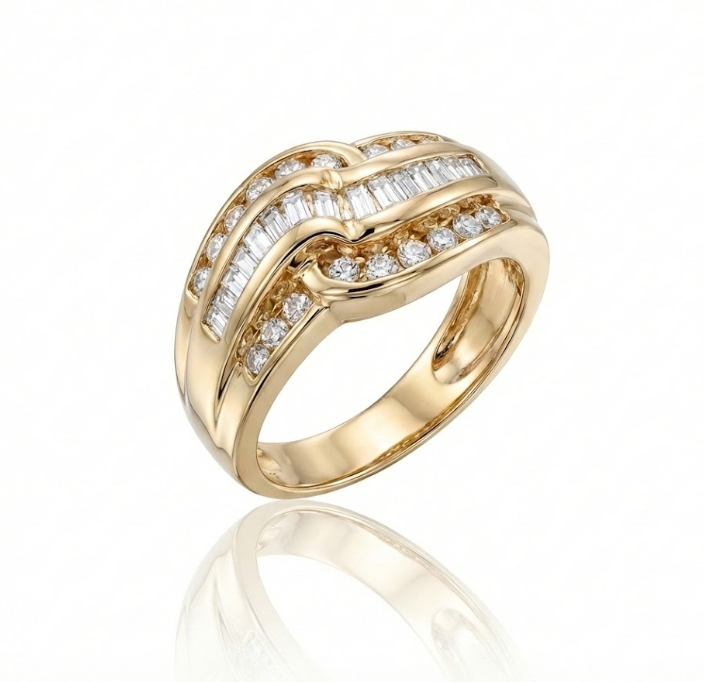 Round & Baguette Diamond Wave Ring | 14K Yellow Gold | 1.00 ctw | Statement Band - Brownee Jewelers