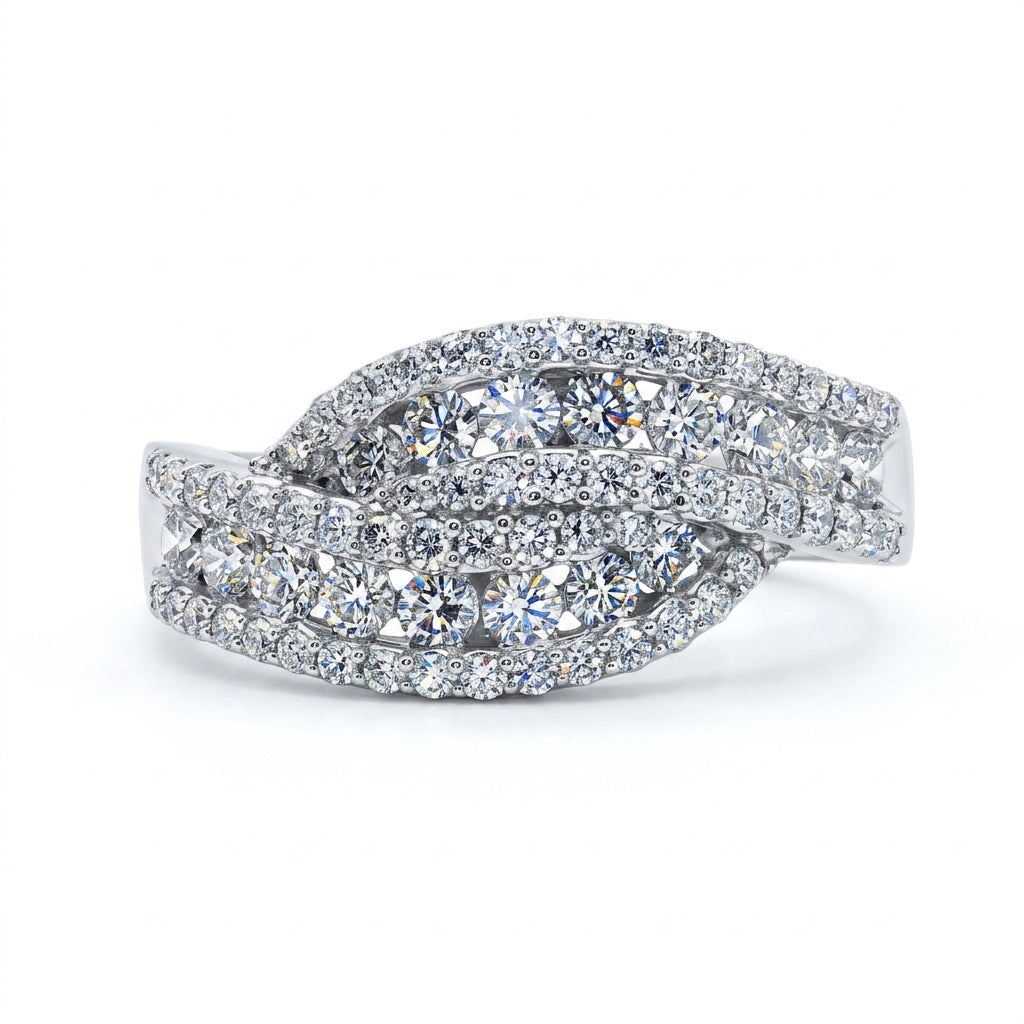 Round Diamond Multi-Row Halo Wave Ring | 14K White Gold | 1.25 ctw | Split Shank Pavé Band - Brownee Jewelers