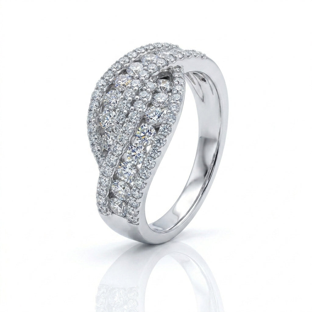 Round Diamond Multi-Row Halo Wave Ring | 14K White Gold | 1.25 ctw | Split Shank Pavé Band - Brownee Jewelers