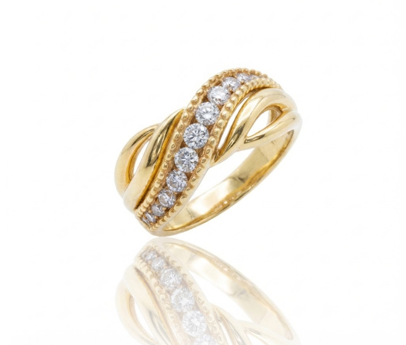 Diamond X Crossover Band | 10K Two-Tone Gold | 0.36 ctw Round Diamonds | Diagonal Pavé Statement Ring - Brownee Jewelers
