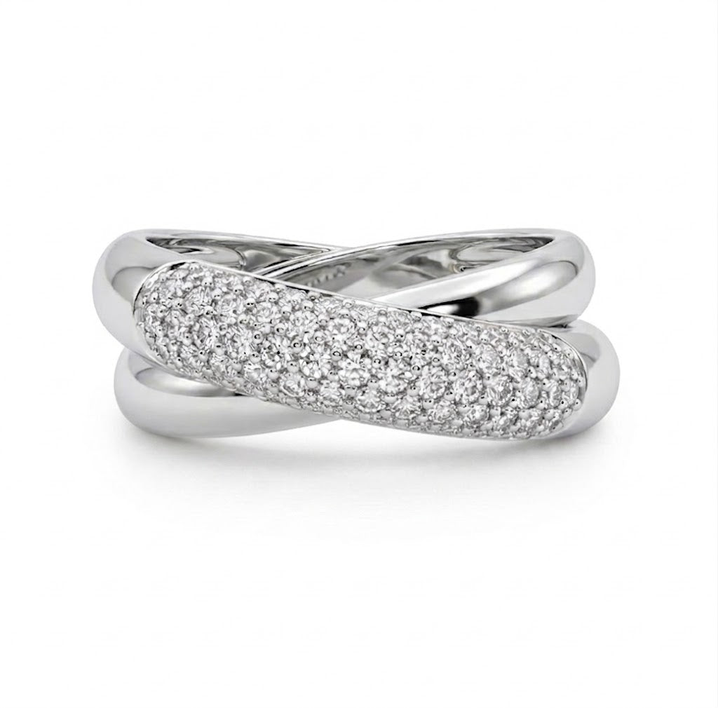 Round Diamond Crossover Ring | 14K White Gold | 0.42 ctw | Pavé Twist Band - Brownee Jewelers