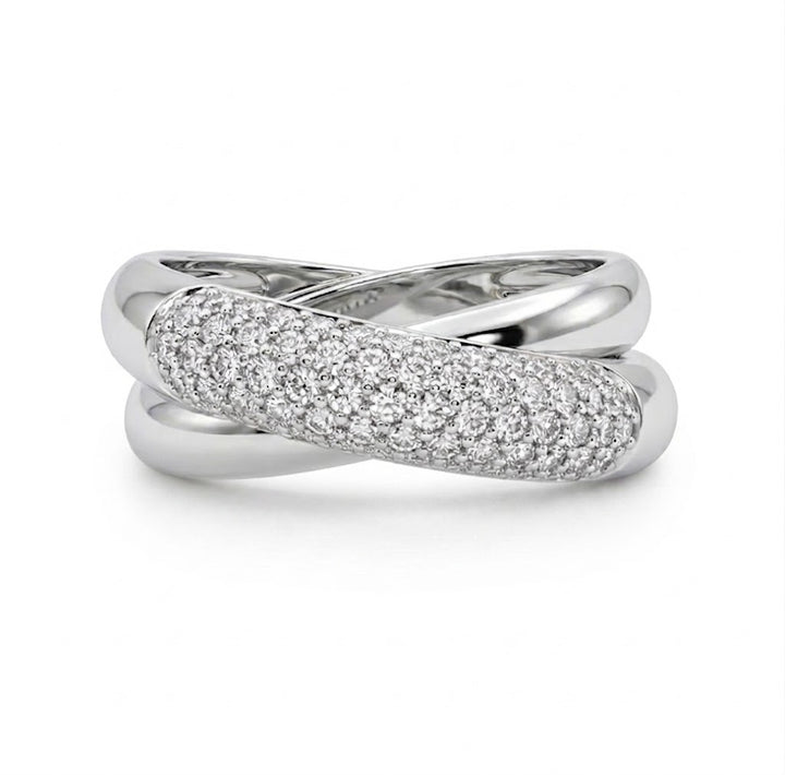 Round Diamond Crossover Ring | 14K White Gold | 0.42 ctw | Pavé Twist Band - Brownee Jewelers