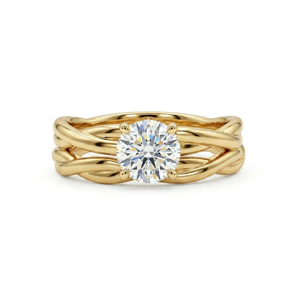 Round Diamond Solitaire Bridal Set | 14K Yellow Gold | Twisted Matching Wedding Ring Set | 0.61 CT Round Diamond - Brownee Jewelers
