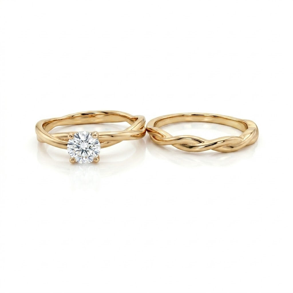 Round Diamond Solitaire Bridal Set | 14K Yellow Gold | Twisted Matching Wedding Ring Set | 0.61 CT Round Diamond - Brownee Jewelers
