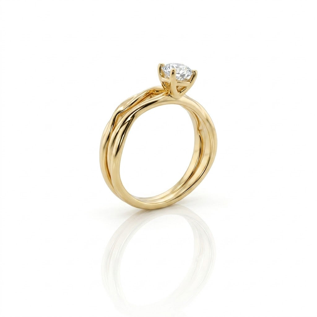 Round Diamond Solitaire Bridal Set | 14K Yellow Gold | Twisted Matching Wedding Ring Set | 0.61 CT Round Diamond - Brownee Jewelers