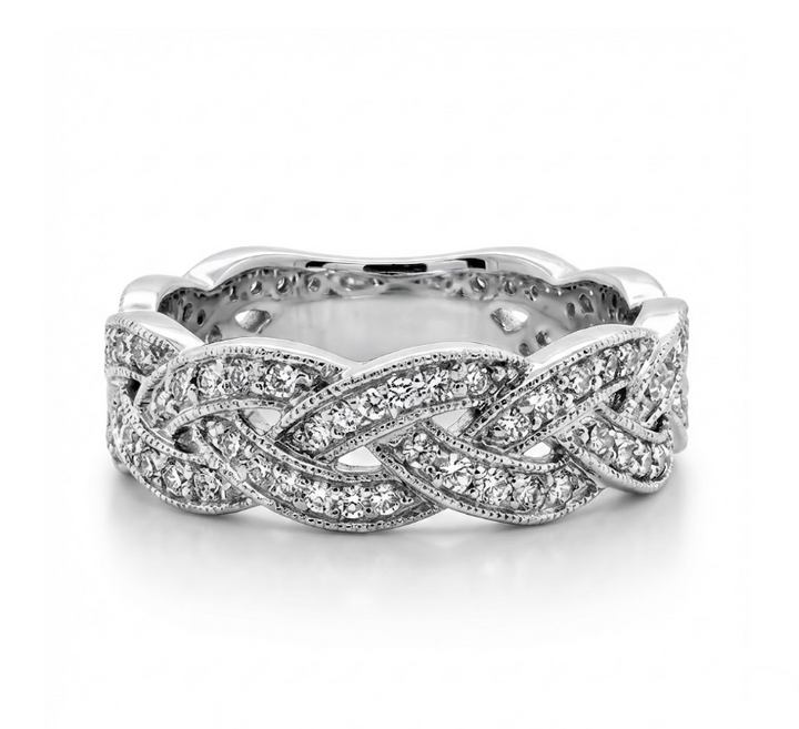 Woven Diamond Band Ring | 14K White Gold | Pavé Twist Design | Diamond Fashion Band - Brownee Jewelers