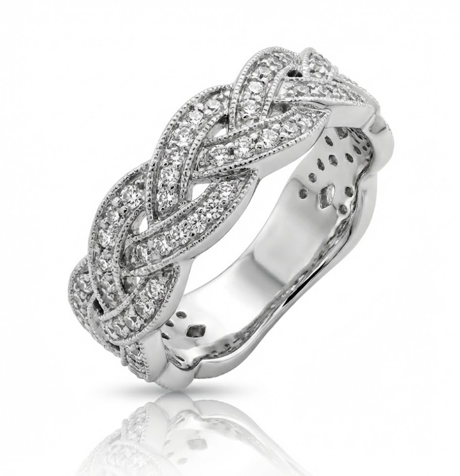Woven Diamond Band Ring | 14K White Gold | Pavé Twist Design | Diamond Fashion Band - Brownee Jewelers