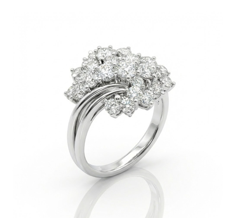 Round Brilliant Diamond Cluster Ring | 18K White Gold | Statement Diamond Ring | Vintage-Inspired Design - Brownee Jewelers
